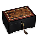 Luxury Giftware High Gloss Black Enamel w/Dark Burl Veneer and Italian Scrolled Borders Locking Wooden Jewelry Box